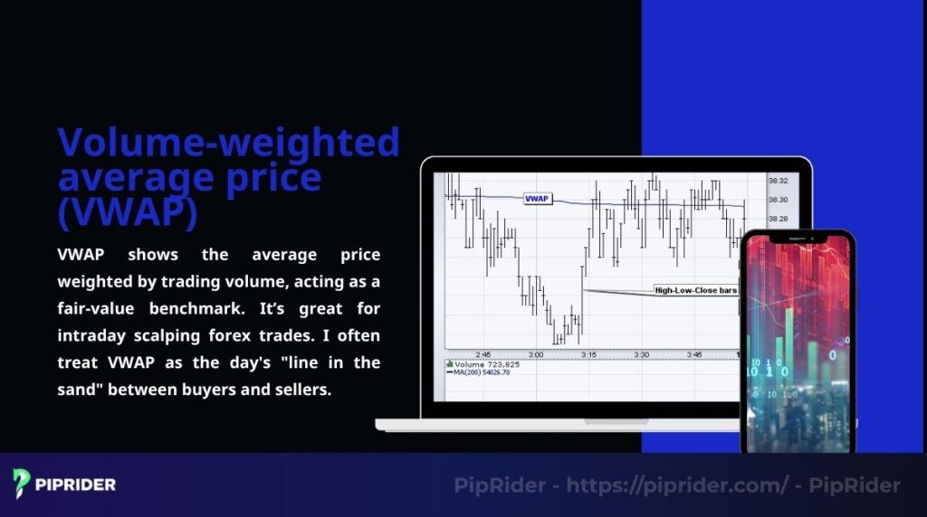 VWAP shows the average price weighted by trading volume, acting as a fair-value benchmark