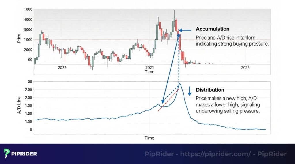 A chart showing the AD indicator confirming a trend vs. warning of a reversal