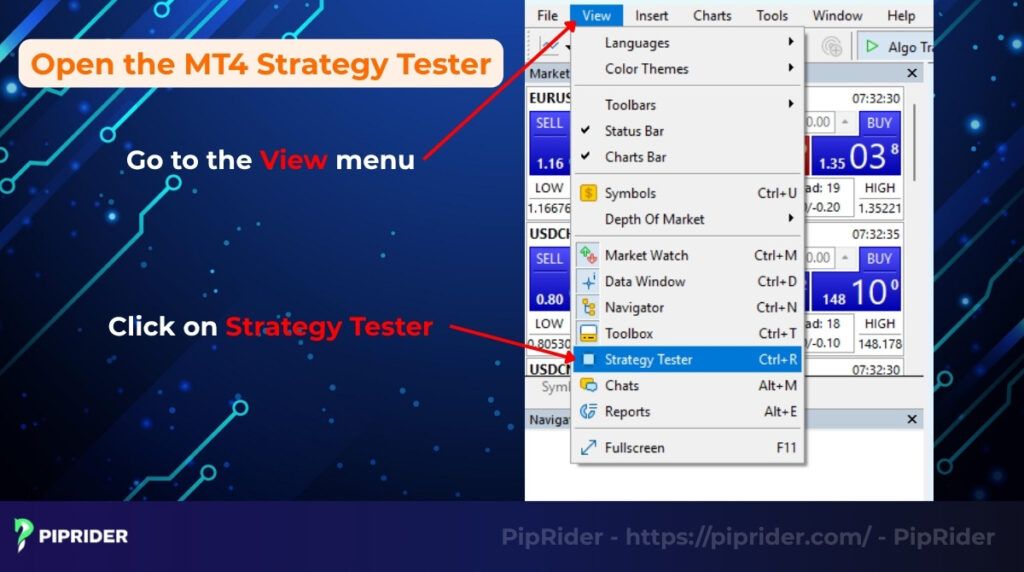 Accessing the strategy tester