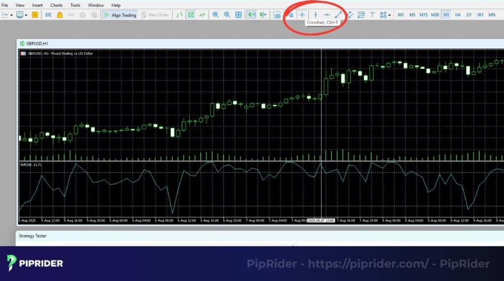 Click the Crosshair tool on MT5 chart