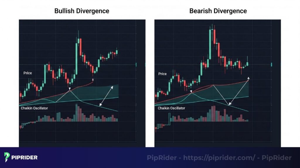 Divergence is the most powerful leading signal the Chaikin Oscillator provides