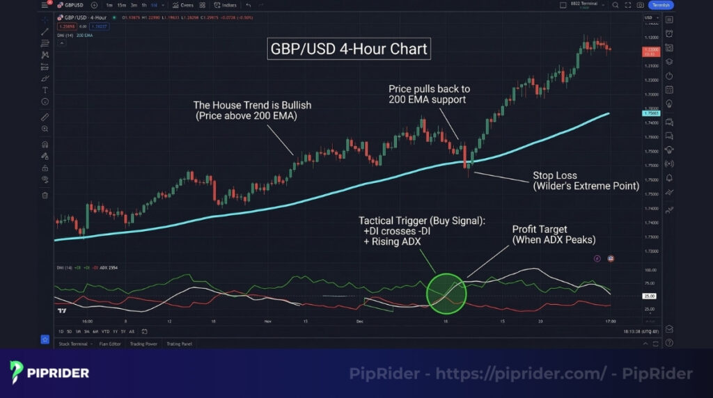 DMI buy signal confirmed by the 200 EMA trend filter