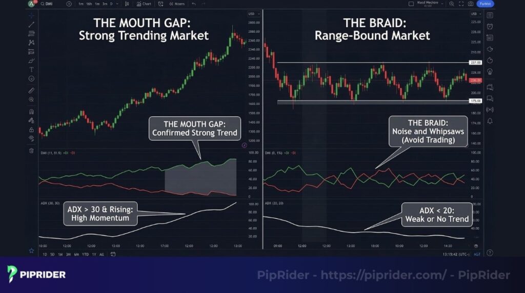 DMI in a strong trend (Mouth Gap) vs. sideways range (The Braid)