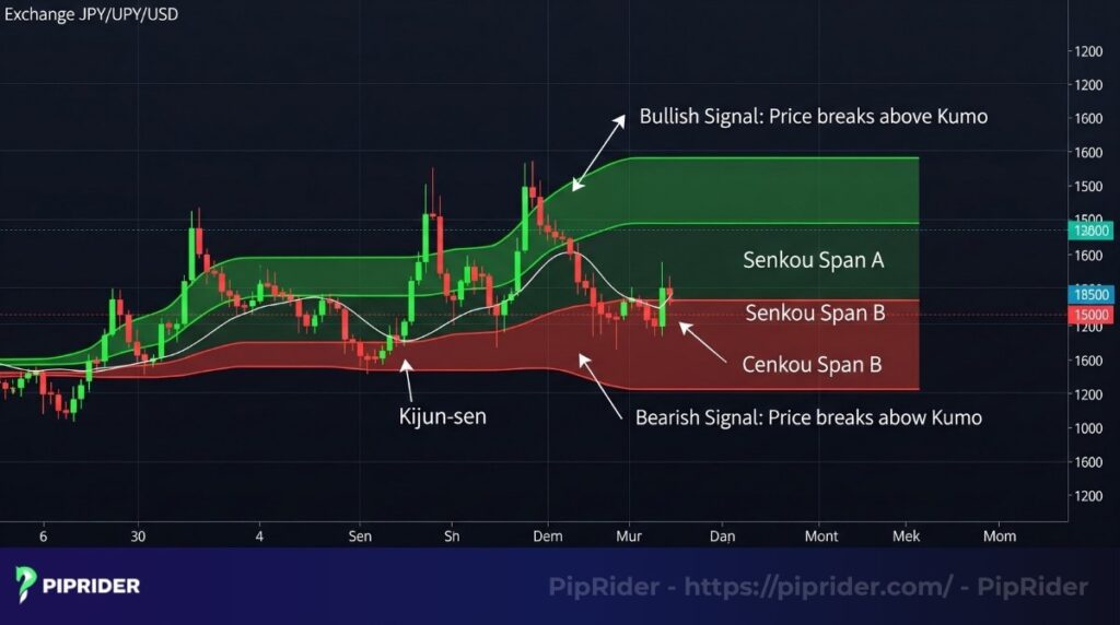 Ichimoku Cloud (Kumo) defines trend, momentum, and key supportresistance zones