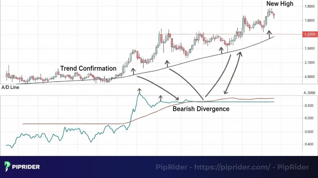 Illustration of the accumulation Distribution Line (A/D Line) indicator